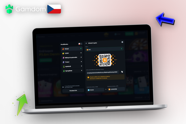 Mobilní krypto peněženka odesílající BTC na pokladnu Gamdom Kasina přes QR kód